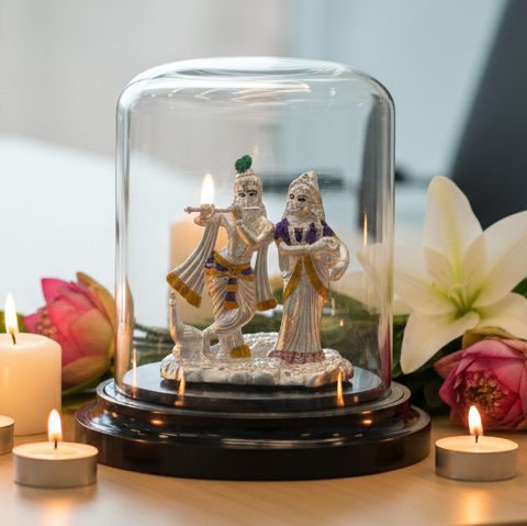 999 Pure Silver Radha Krishna Idol – Divine Couple Murti with Purple Details