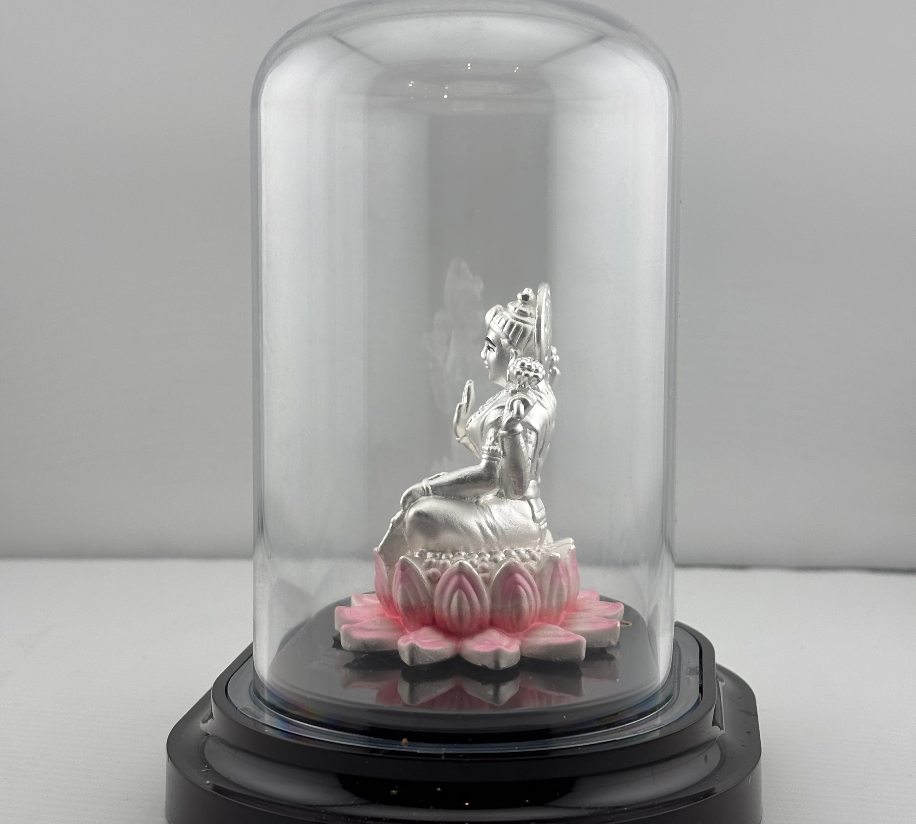 999 Pure Silver Goddess Lakshmi Idol in Protective Acrylic Dome – Elegant Pink & Silver Laxmi Murti for Pooja