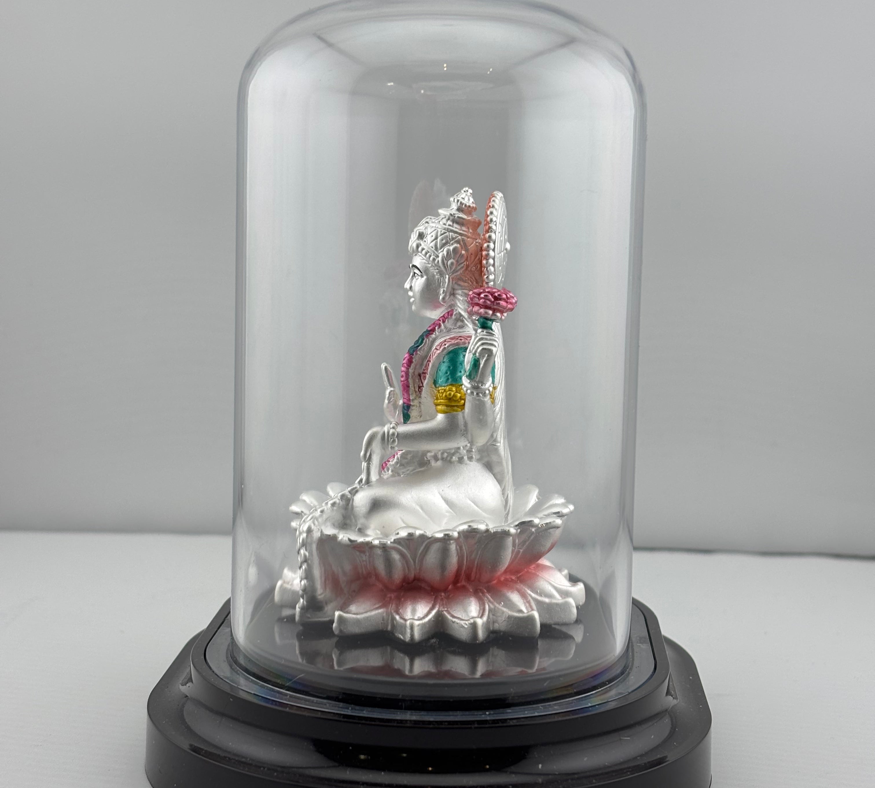 999 Pure Silver Goddess Lakshmi Idol in Protective Acrylic Dome – Vibrant Laxmi Murti for Diwali & Temple Décor