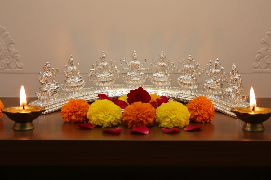 Silver Ashta Lakshmi Idol: Hindu Goddess Statue with Sanskrit Mantra