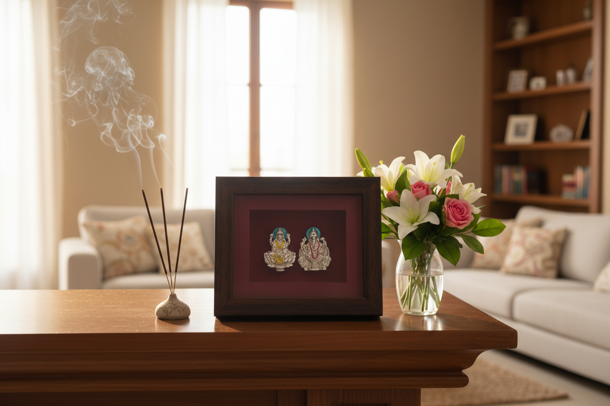 999 Pure Silver Ganesha & Lakshmi Photo Frame 10gm – Auspicious Frame silver idol
