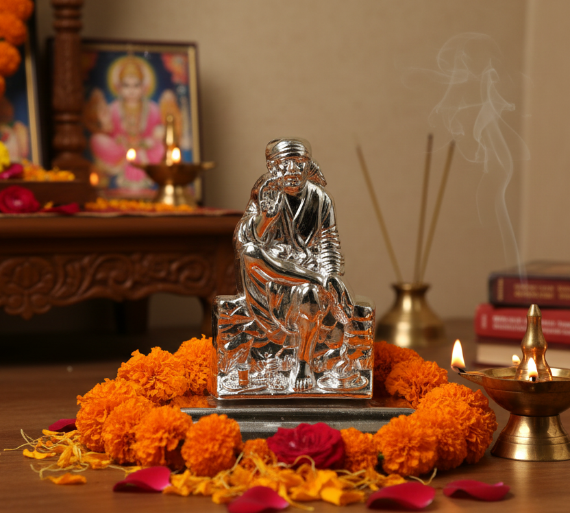 Silver Sai Baba Idol 20gm – Spiritual Sai Baba Murti for Temple Decor & Festivals