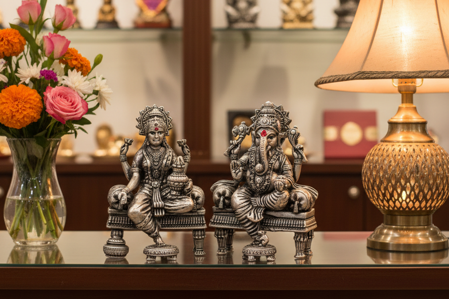 Silver Ganesh Lakshmi Idol 50gm – Spiritual Ganesh Lakshmi Murti for Temple Decor & Festivals