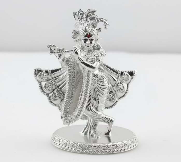 Silver Lord Krishna Idol 32gm – Spiritual Krishna Murti for Temple Decor & Festivals