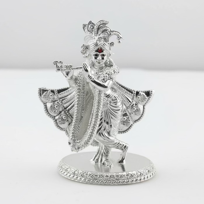 Silver Lord Krishna Idol 32gm – Spiritual Krishna Murti for Temple Decor & Festivals