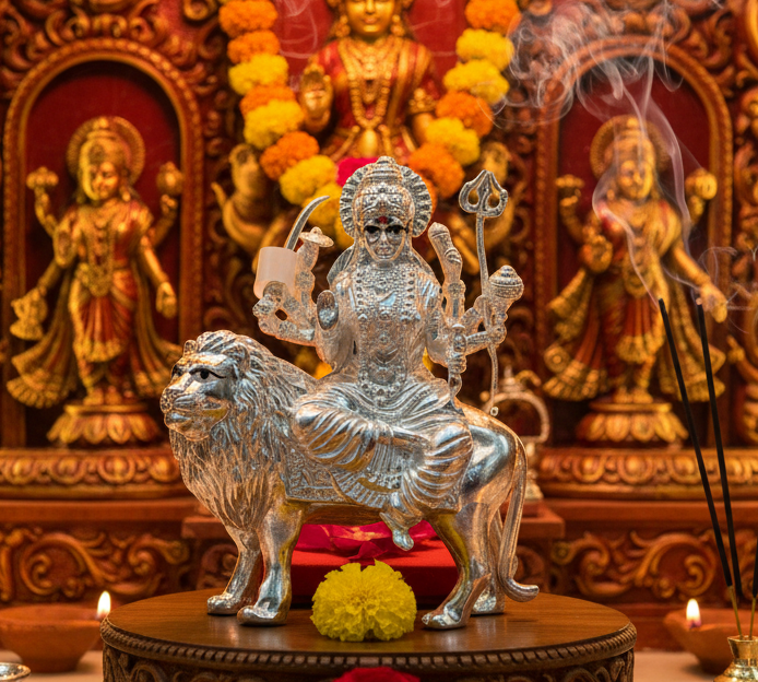 Silver Maa Durga Idol – Spiritual Durga Murti for Temple Decor & Festivals