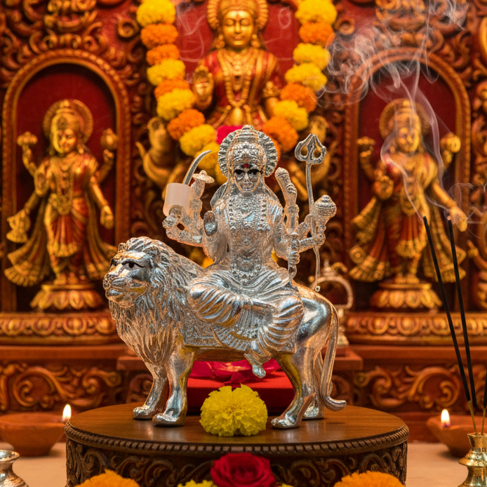 Silver Maa Durga Idol – Spiritual Durga Murti for Temple Decor & Festivals