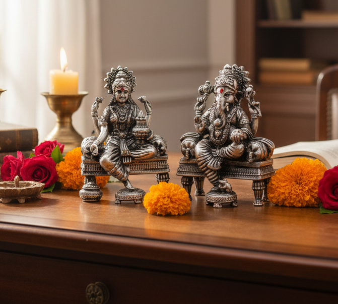 Silver Ganesh Lakshmi Idol 50gm – Spiritual Ganesh Lakshmi Murti for Temple Decor & Festivals