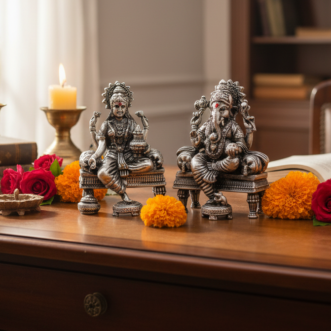 Silver Ganesh Lakshmi Idol 50gm – Spiritual Ganesh Lakshmi Murti for Temple Decor & Festivals