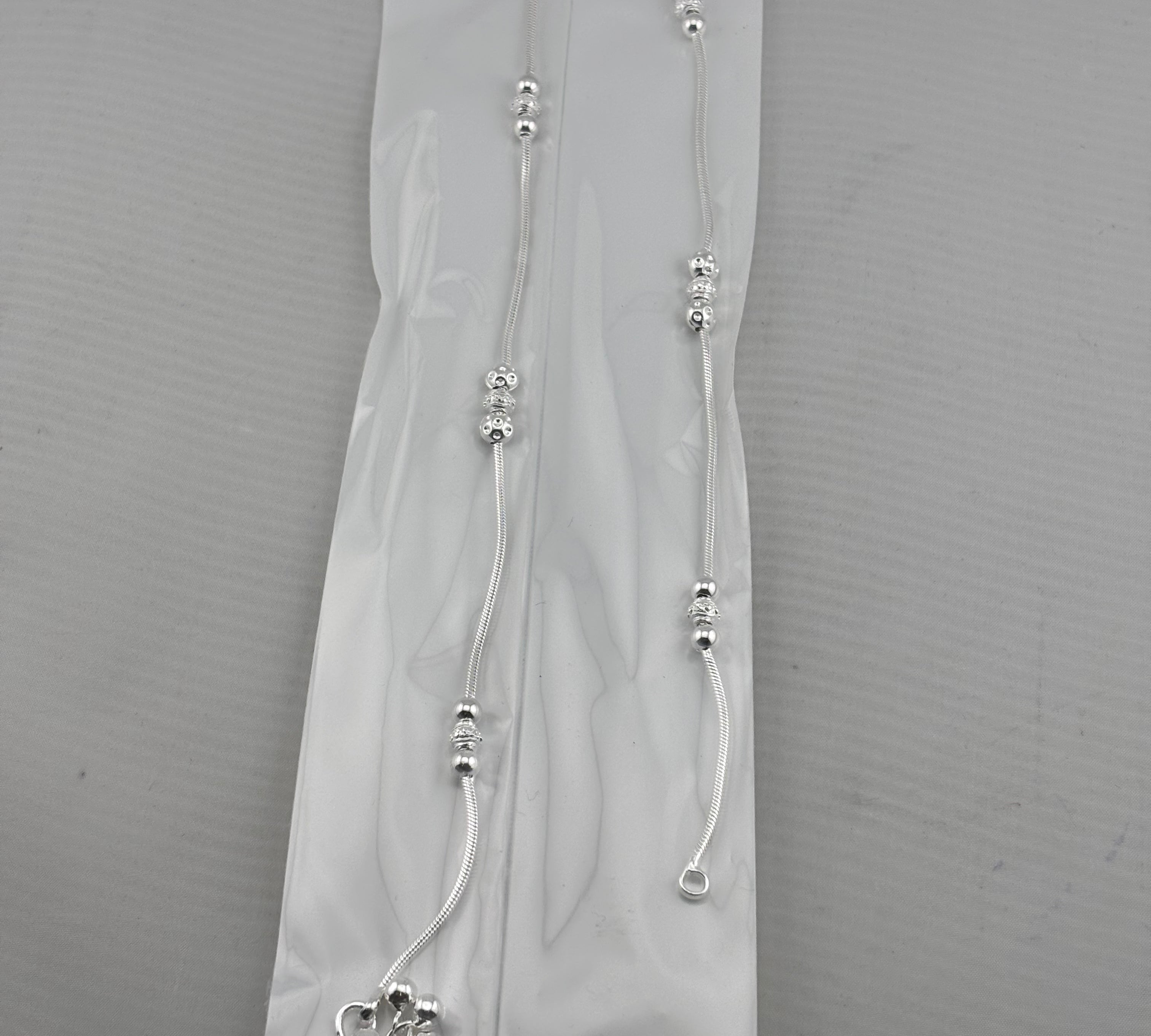 Beaded Snake Chain Silver Anklet – 99.9% Pure Silver – Adjustable – Weight:22g