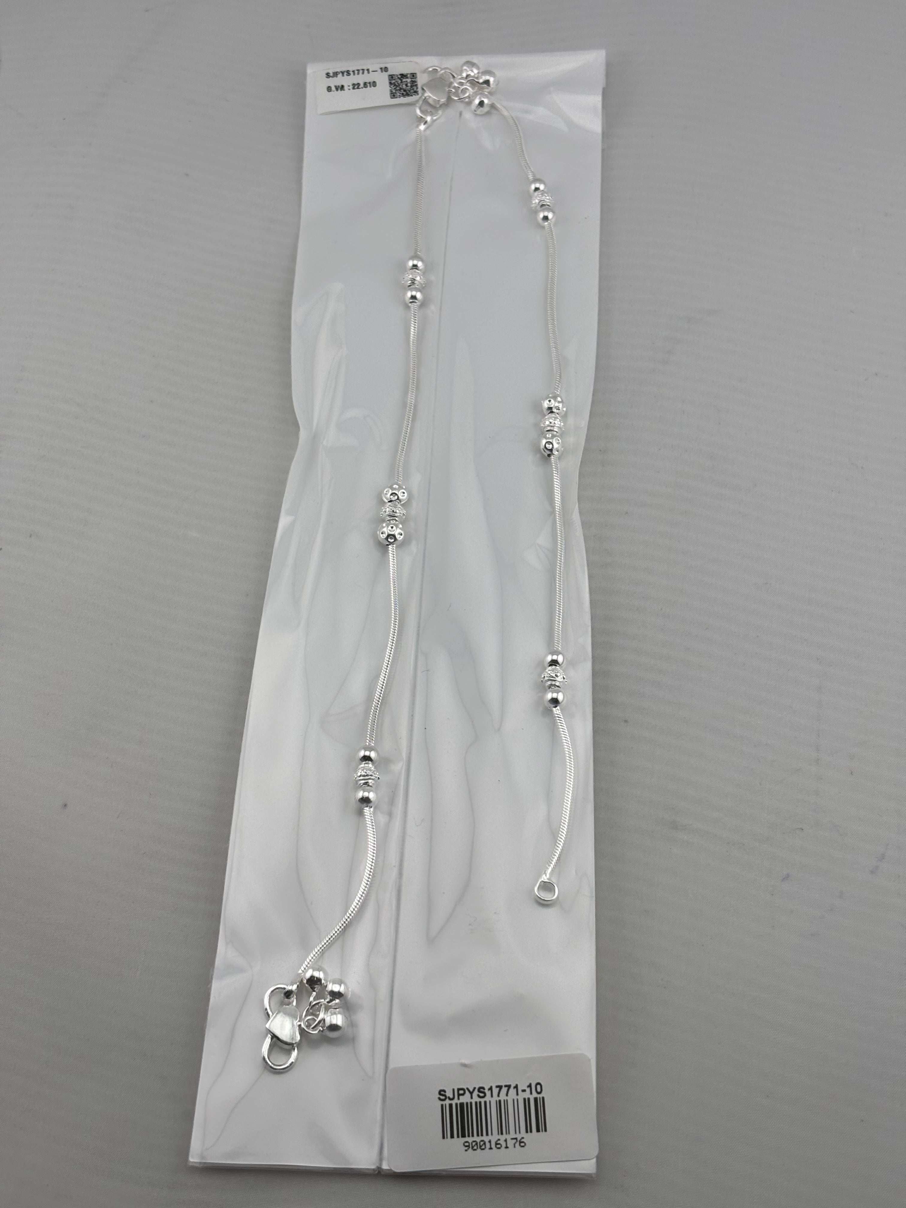 Beaded Snake Chain Silver Anklet – 99.9% Pure Silver – Adjustable – Weight:22g