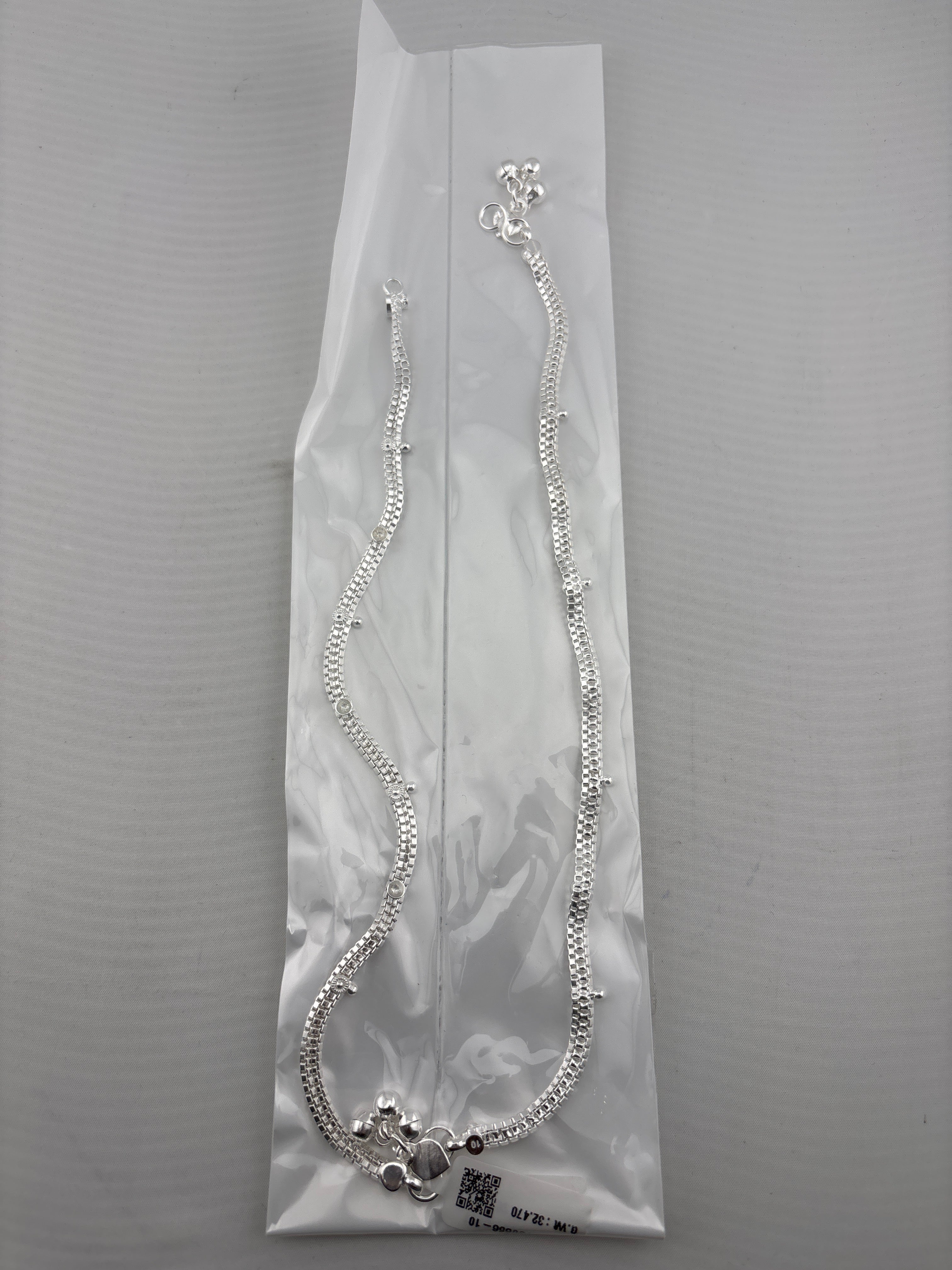 Wave Pattern Bell Silver Anklet – 99.9% Pure Silver – Adjustable – 32.47 g