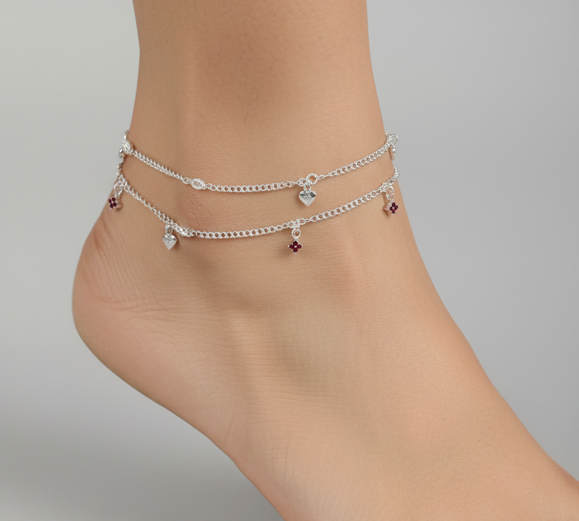 Heart Drop Charm Silver Anklet – 99.9% Pure Silver – Adjustable – 18.48 g
