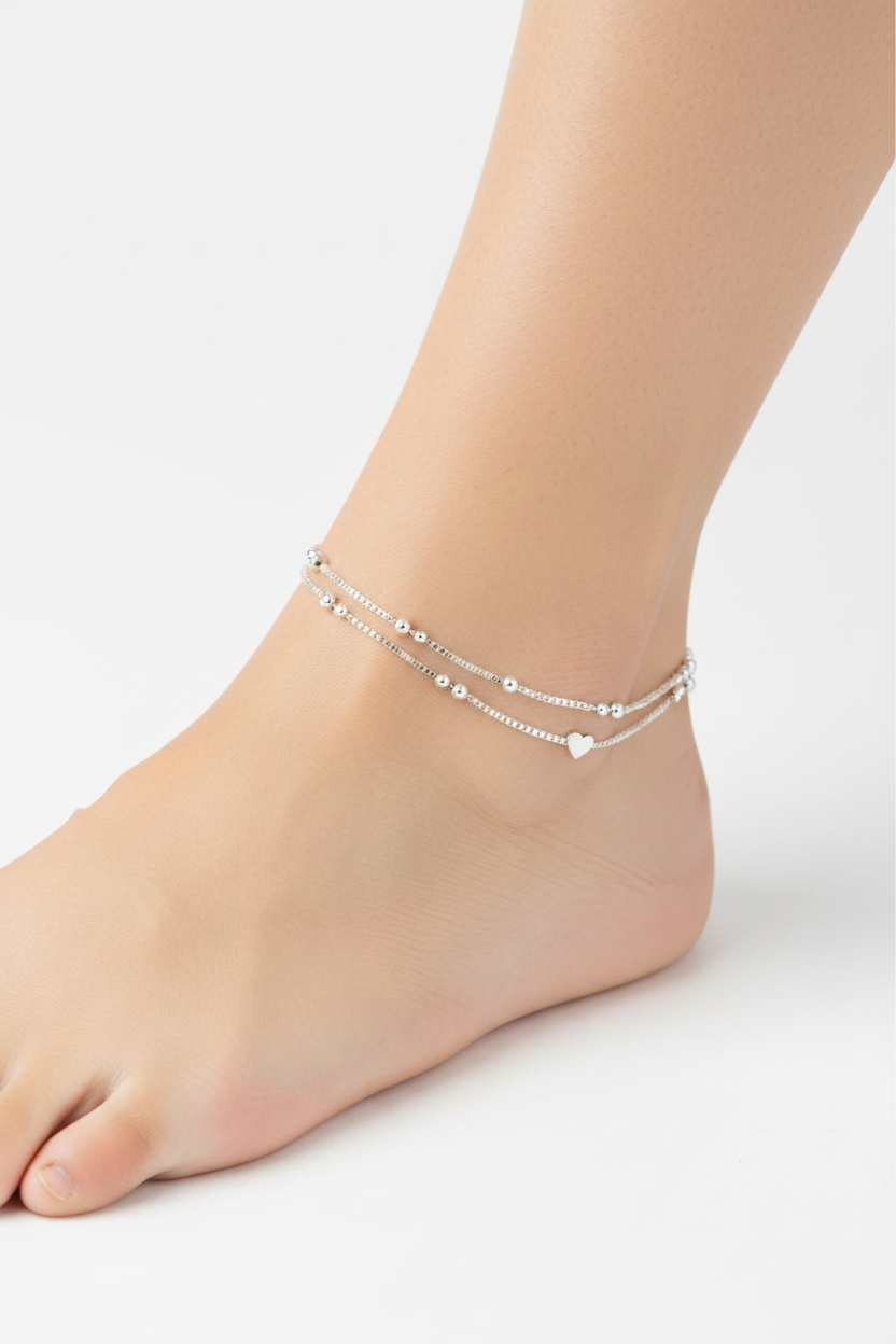 Heart Wave Delicate Silver Anklet – 99.9% Pure Silver – Adjustable – 14.00 g