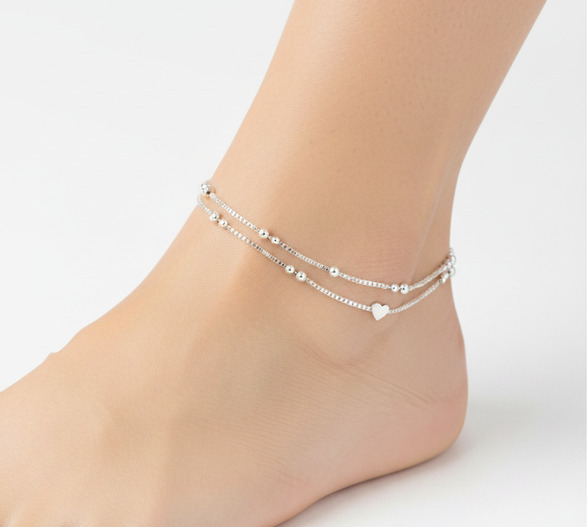 Heart Wave Delicate Silver Anklet – 99.9% Pure Silver – Adjustable – 14.00 g