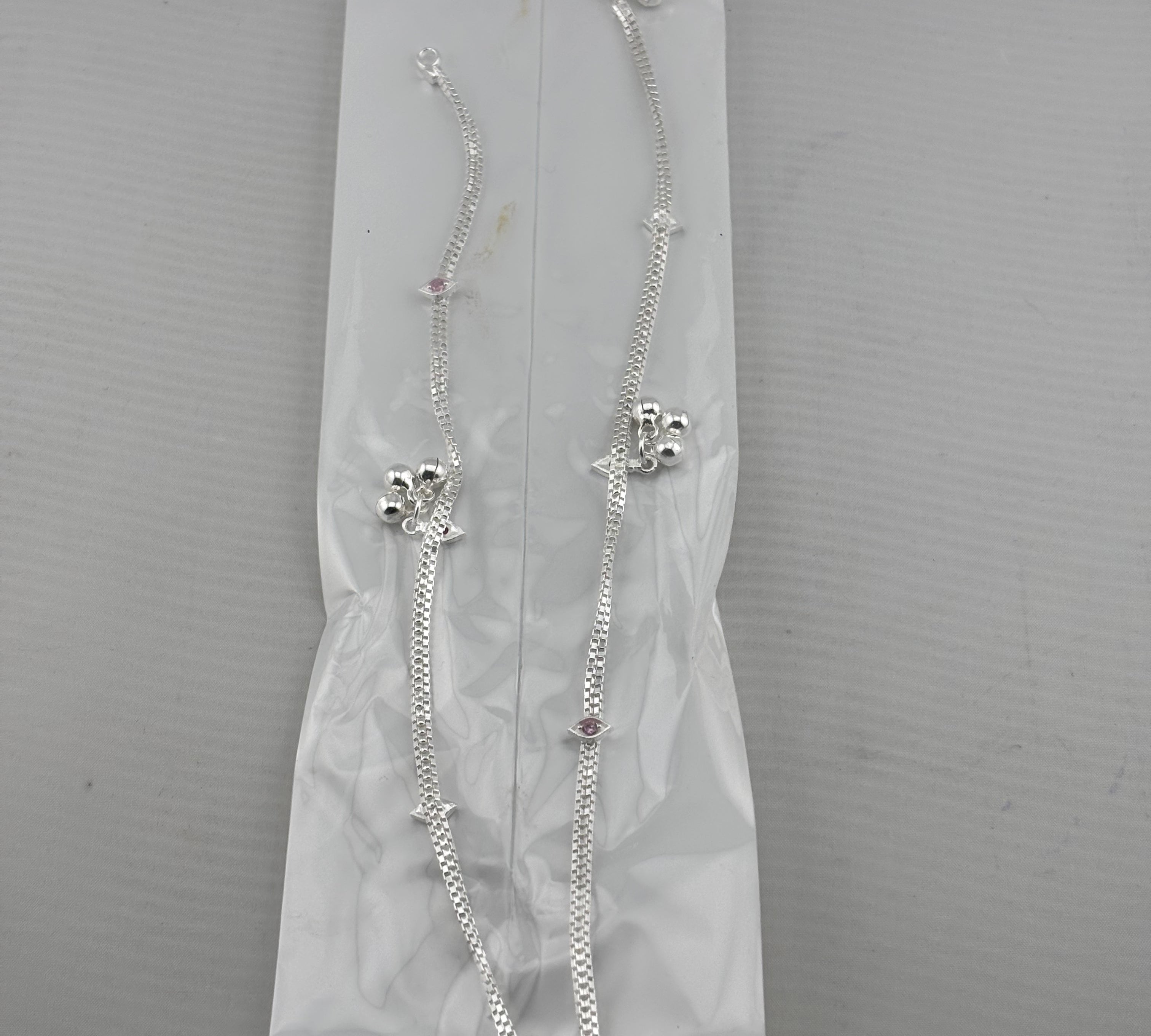 Pink Eye Charm Silver Anklet – 99.9% Pure Silver – Adjustable – Dual Chain Design – 22g