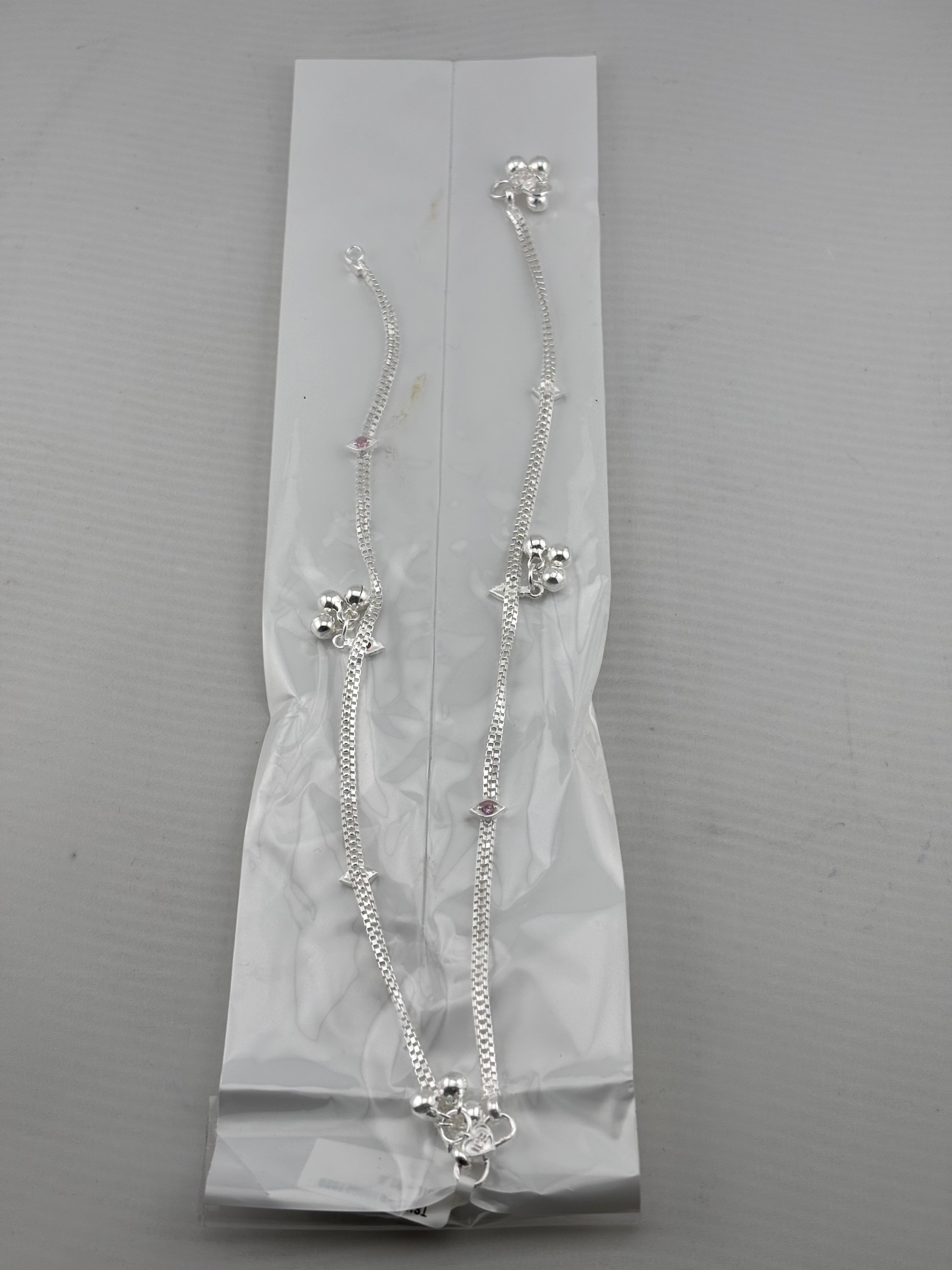 Pink Eye Charm Silver Anklet – 99.9% Pure Silver – Adjustable – Dual Chain Design – 22g