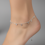 Star Heart Charm Silver Anklet – 99.9% Pure Silver – Adjustable – Lightweight Dual Chain – 12g