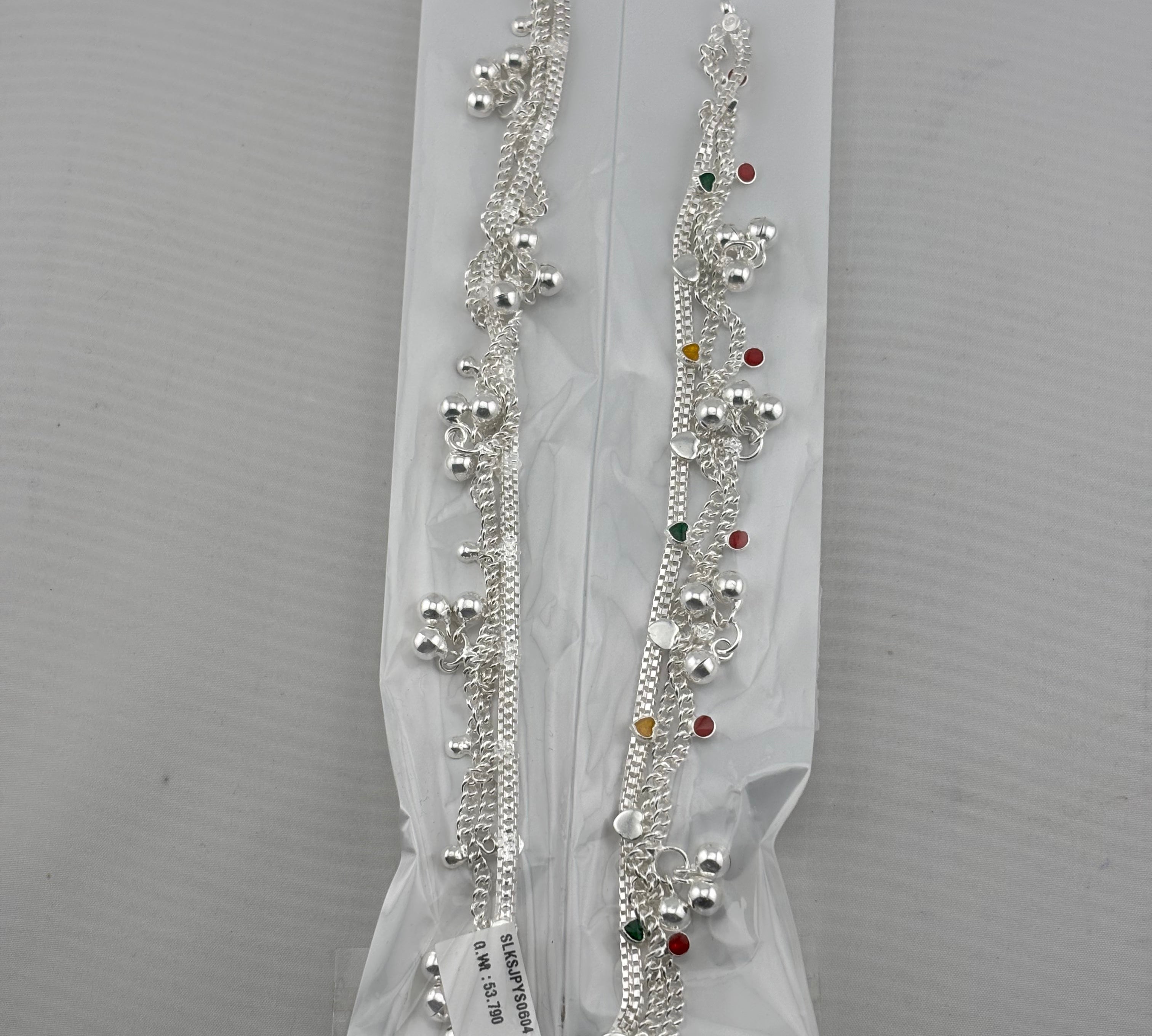 Navratna Bell Layered Silver Anklet – 99.9% Pure Silver – Adjustable – 53.19 g