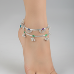 Rainbow Floral Layered Silver Anklet – 99.9% Pure Silver – Adjustable – 53.22 g