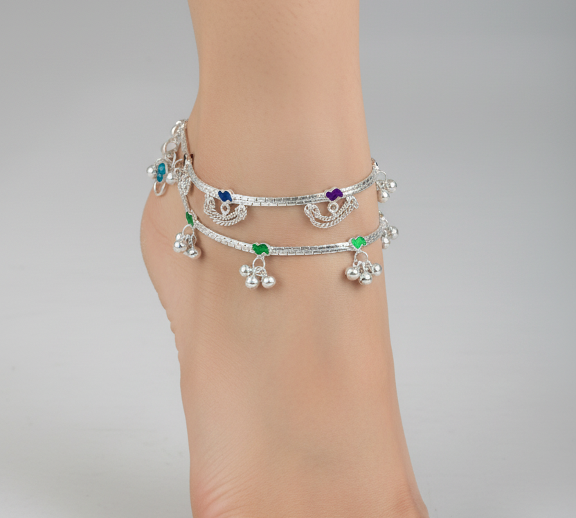 Rainbow Floral Layered Silver Anklet – 99.9% Pure Silver – Adjustable – 53.22 g