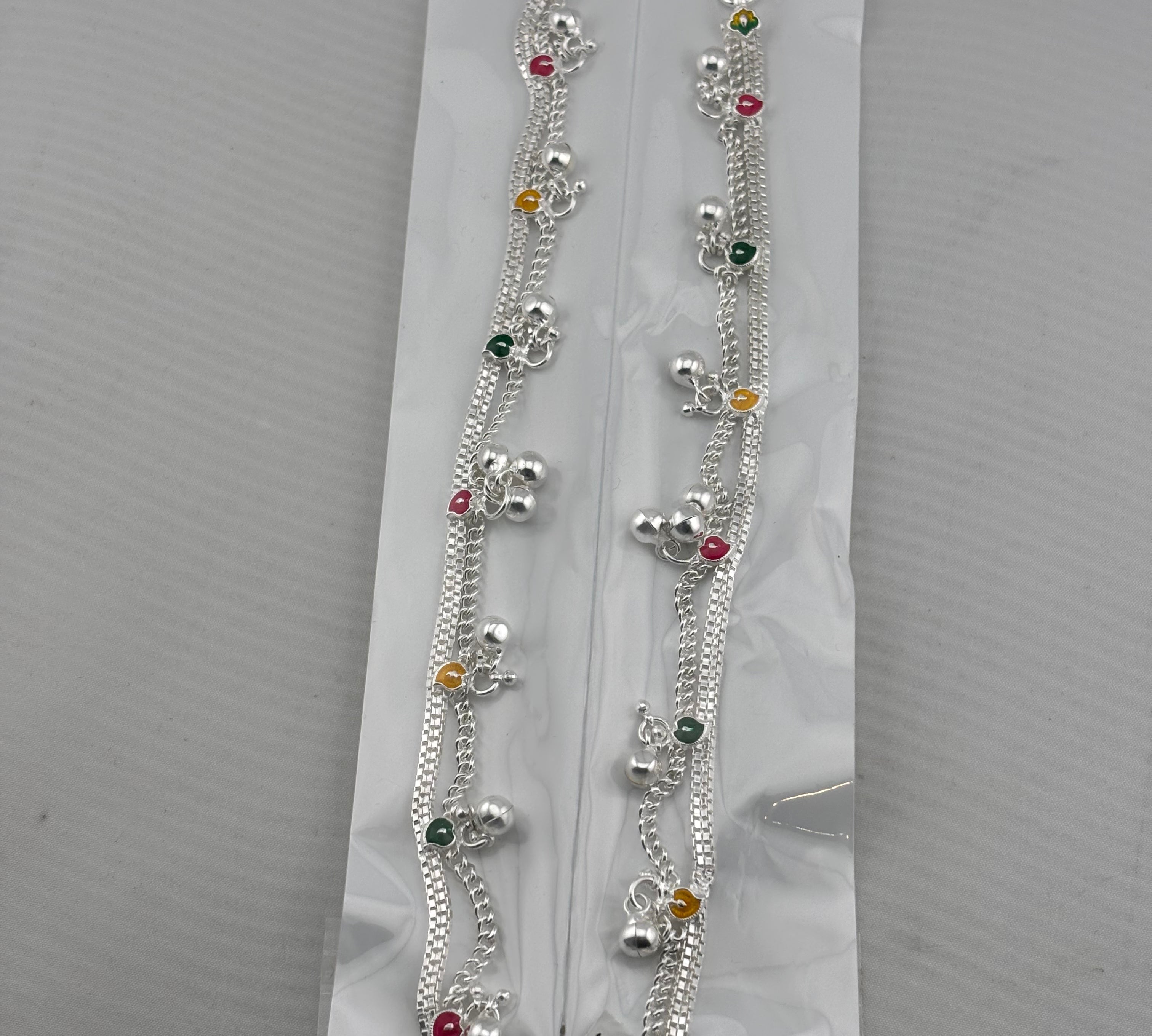 Color Pop Charm Silver Anklet – 99.9% Pure Silver – Adjustable – Multicolor Stones – 43g