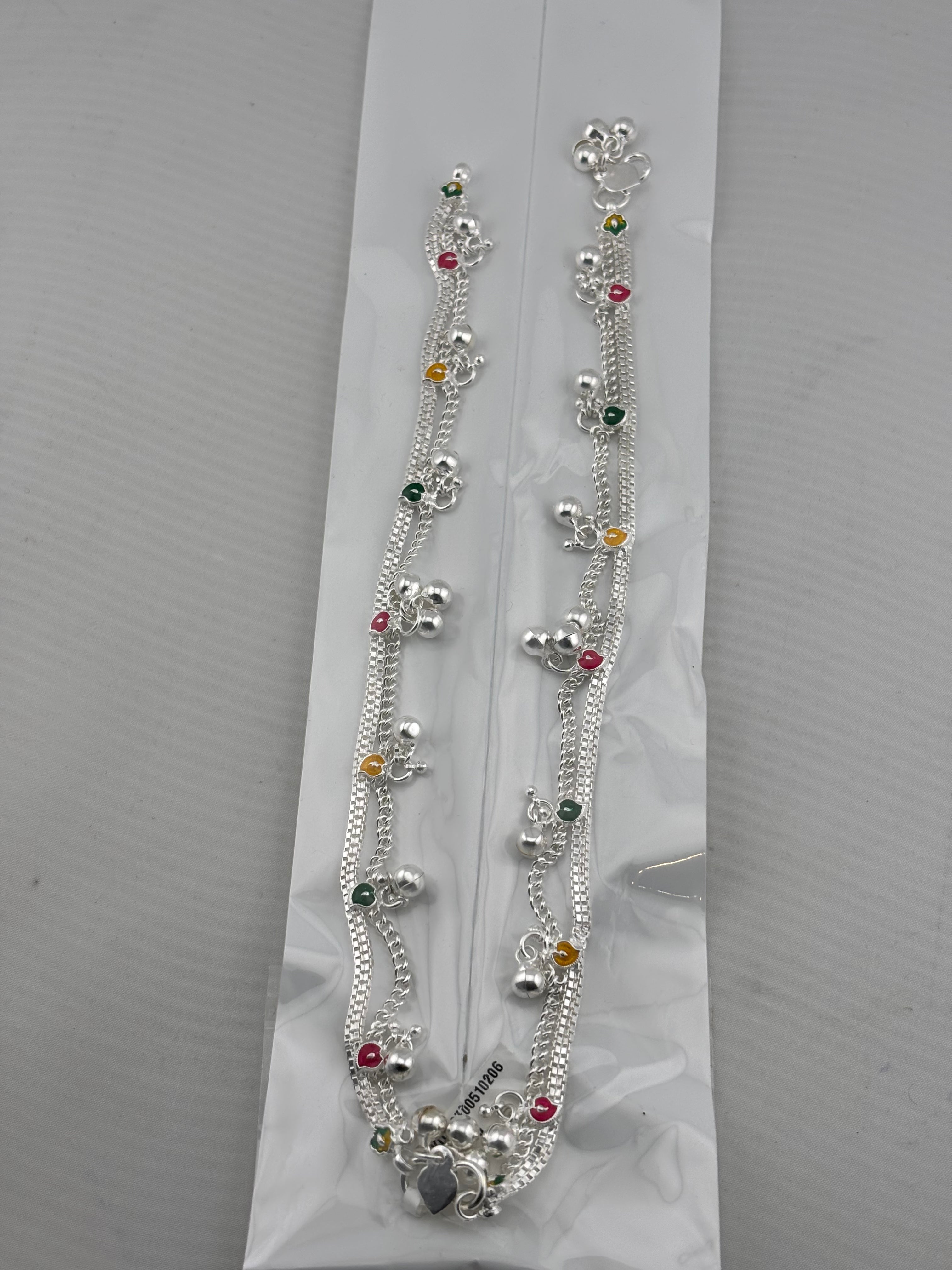Color Pop Charm Silver Anklet – 99.9% Pure Silver – Adjustable – Multicolor Stones – 43g