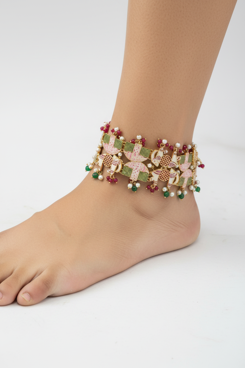 Royal Meenakari Elephant Anklet – Gold Finish – Multicolor Stones & Pearls