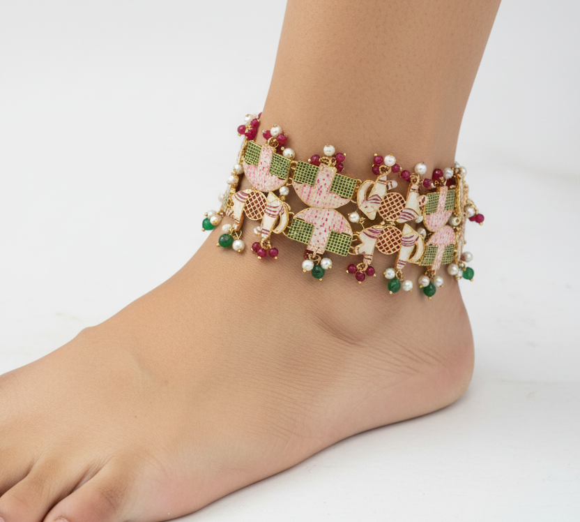 Royal Meenakari Elephant Anklet – Gold Finish – Multicolor Stones & Pearls