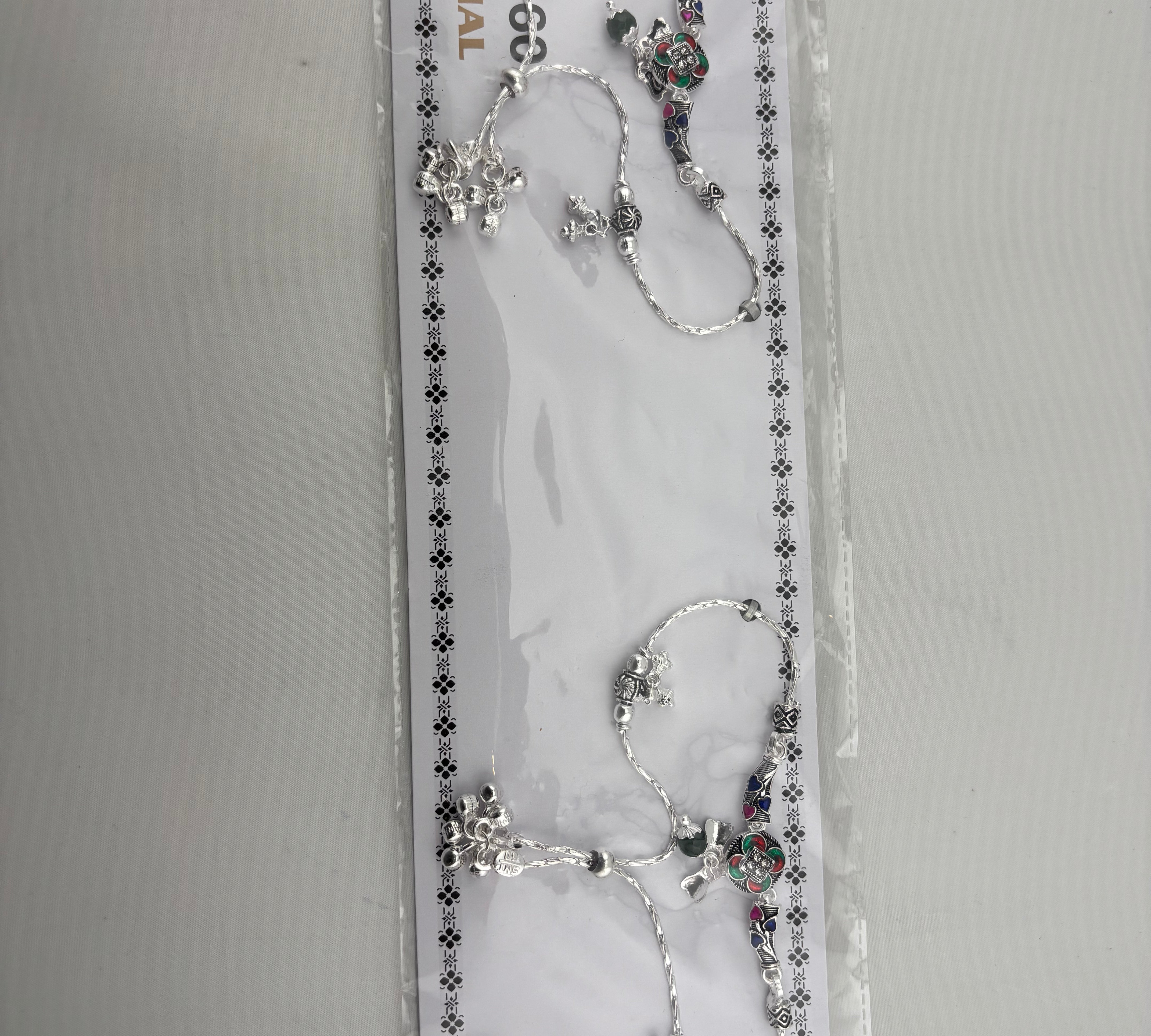 Tribal Floral Charm Silver Anklet – 99.9% Pure Silver – Multicolor Stone – Adjustable