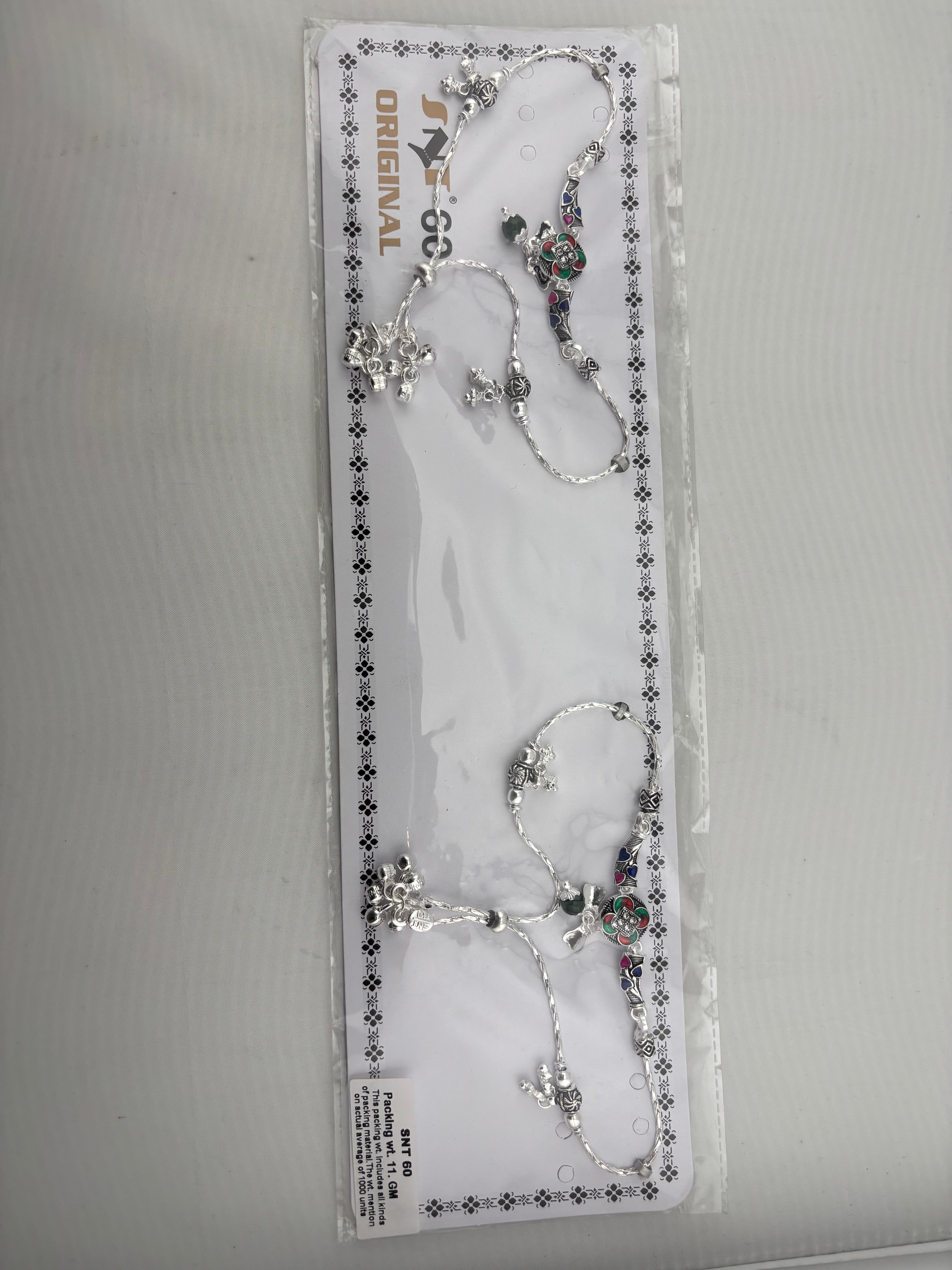Tribal Floral Charm Silver Anklet – 99.9% Pure Silver – Multicolor Stone – Adjustable
