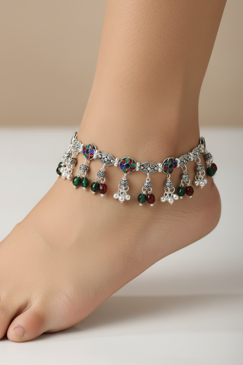 Tribal Floral Charm Silver Anklet – 99.9% Pure Silver – Multicolor Stone – Adjustable