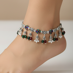 Tribal Floral Charm Silver Anklet – 99.9% Pure Silver – Multicolor Stone – Adjustable