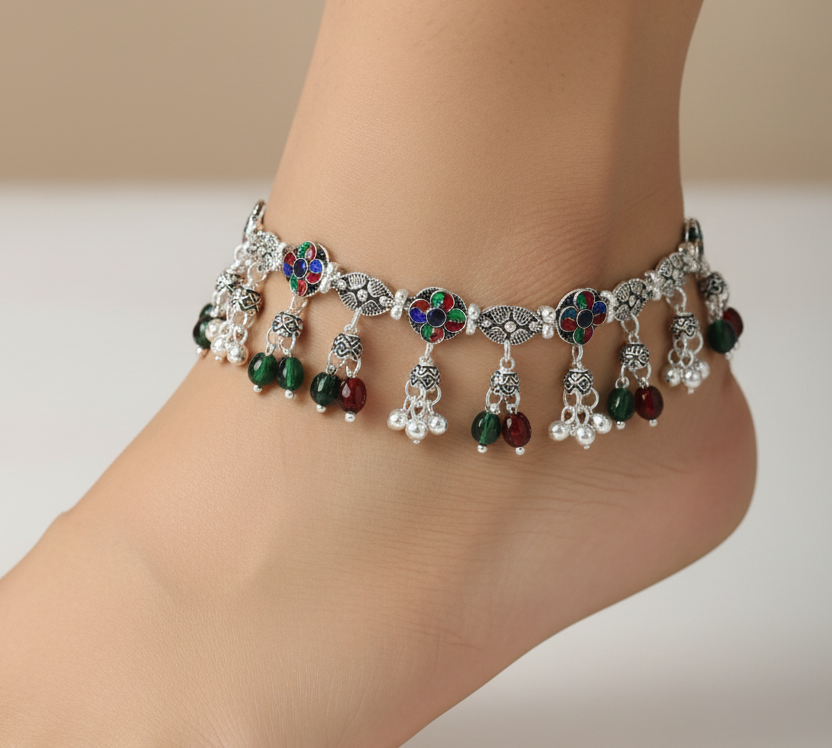 Tribal Floral Charm Silver Anklet – 99.9% Pure Silver – Multicolor Stone – Adjustable