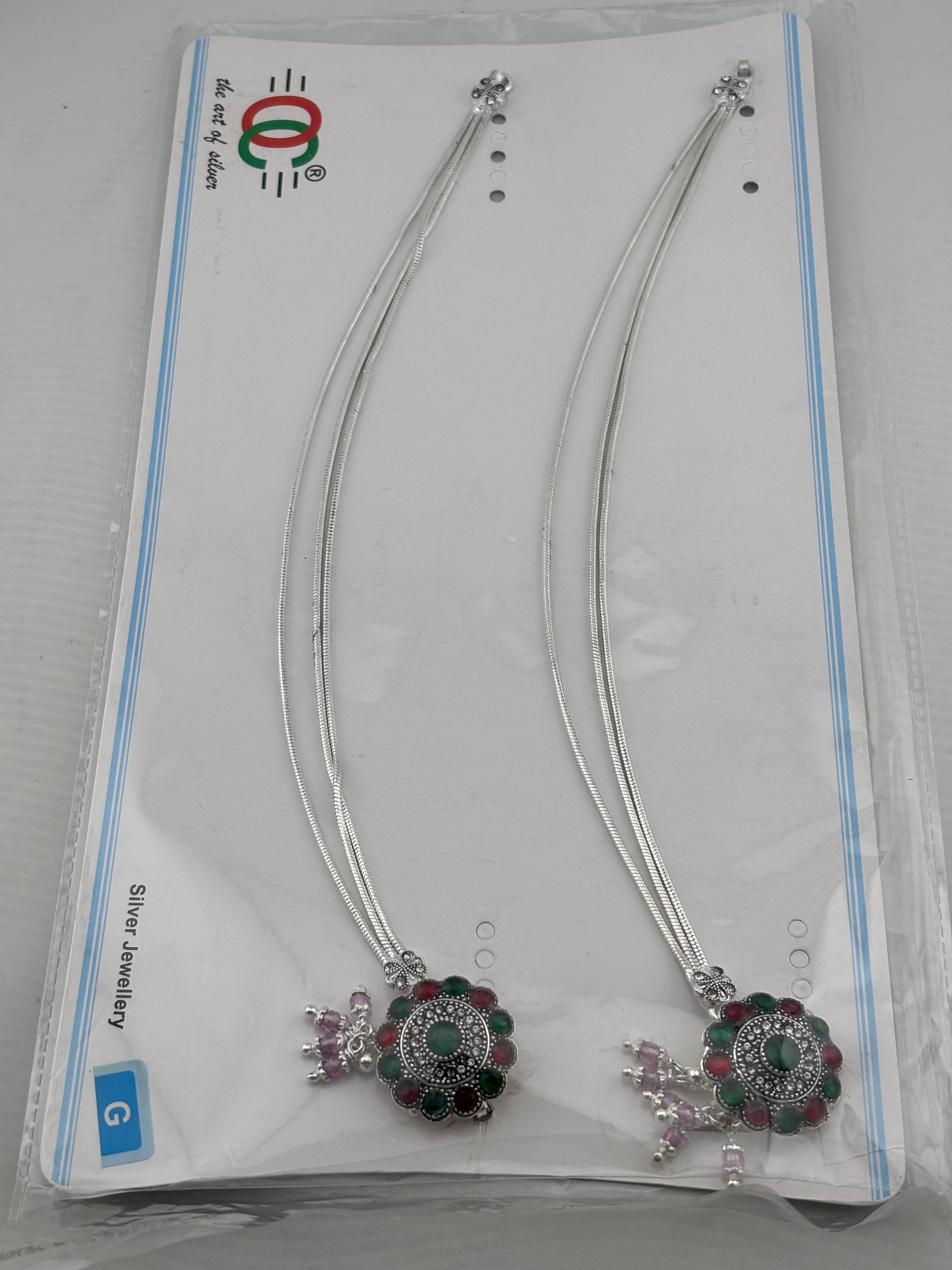 Royal Circle Kundan Silver Anklet – 99.9% Pure Silver – Multicolor Stones – Adjustable – 75g