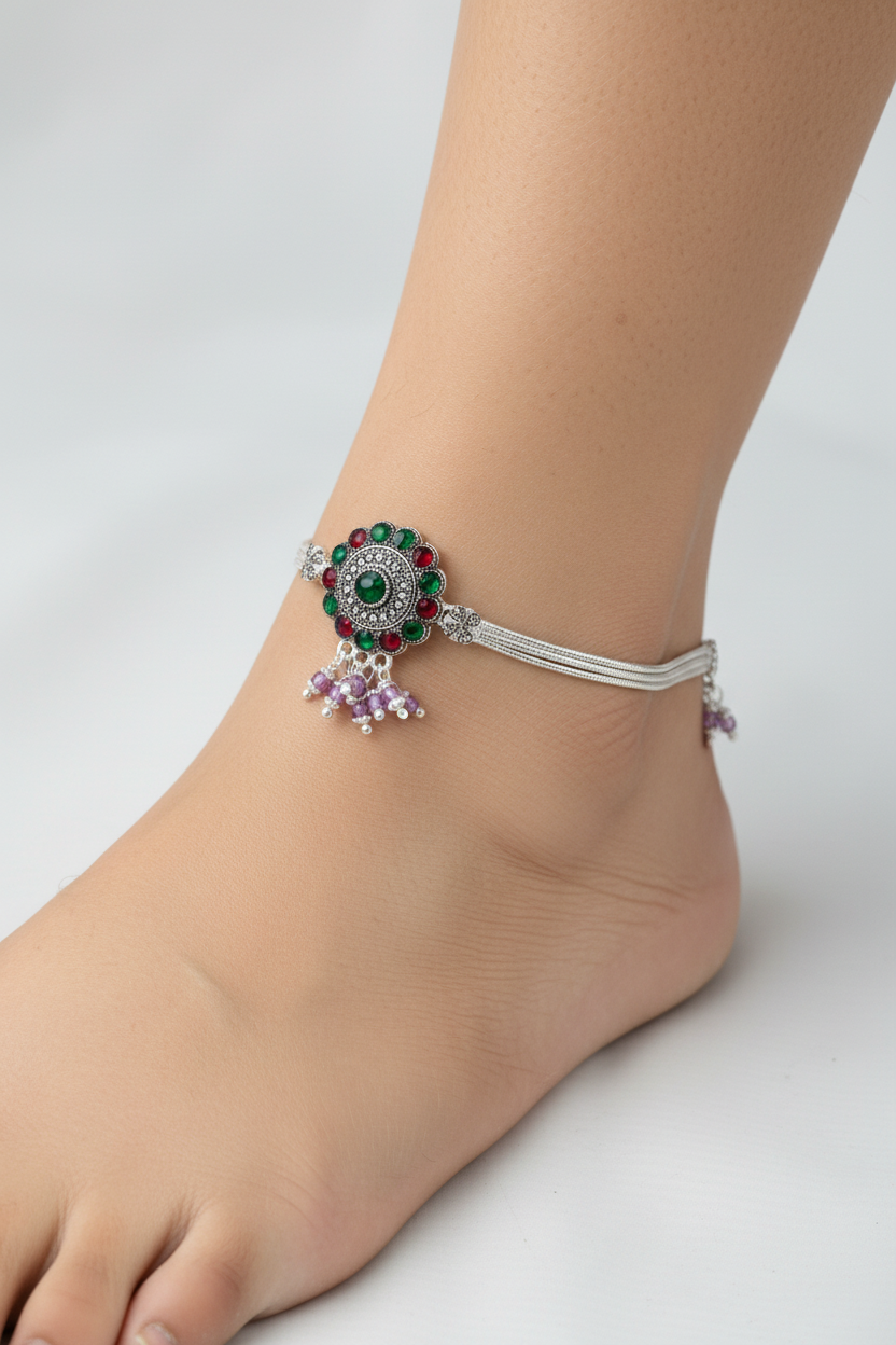 Royal Circle Kundan Silver Anklet – 99.9% Pure Silver – Multicolor Stones – Adjustable – 75g