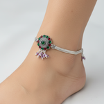 Royal Circle Kundan Silver Anklet – 99.9% Pure Silver – Multicolor Stones – Adjustable – 75g