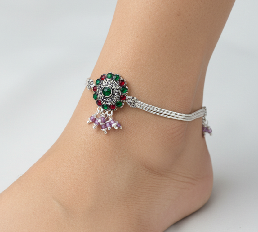 Royal Circle Kundan Silver Anklet – 99.9% Pure Silver – Multicolor Stones – Adjustable – 75g