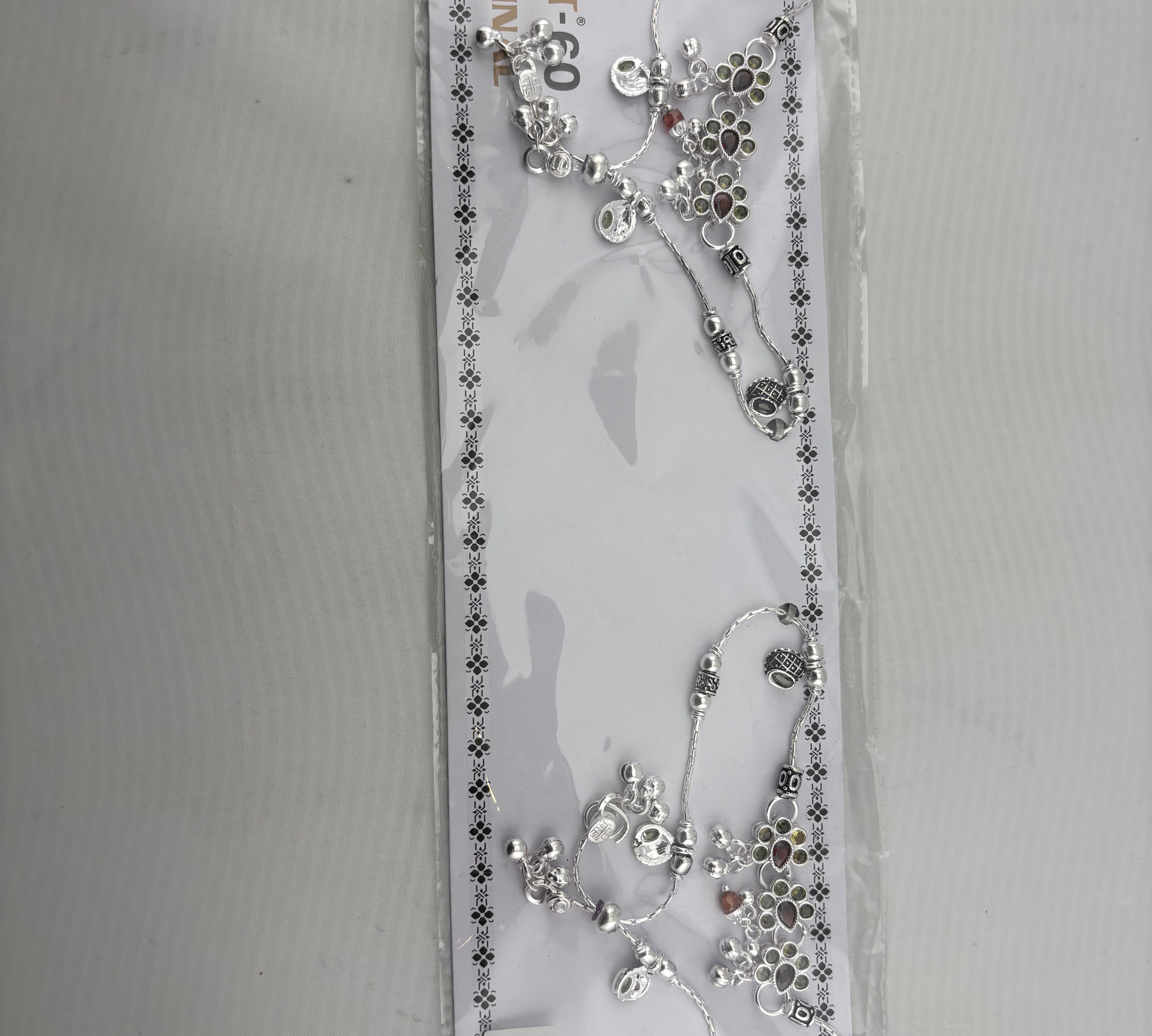 Vintage Charm Cluster Silver Anklet – 99.9% Pure Silver – Multicolor Stones – Adjustable – 11g