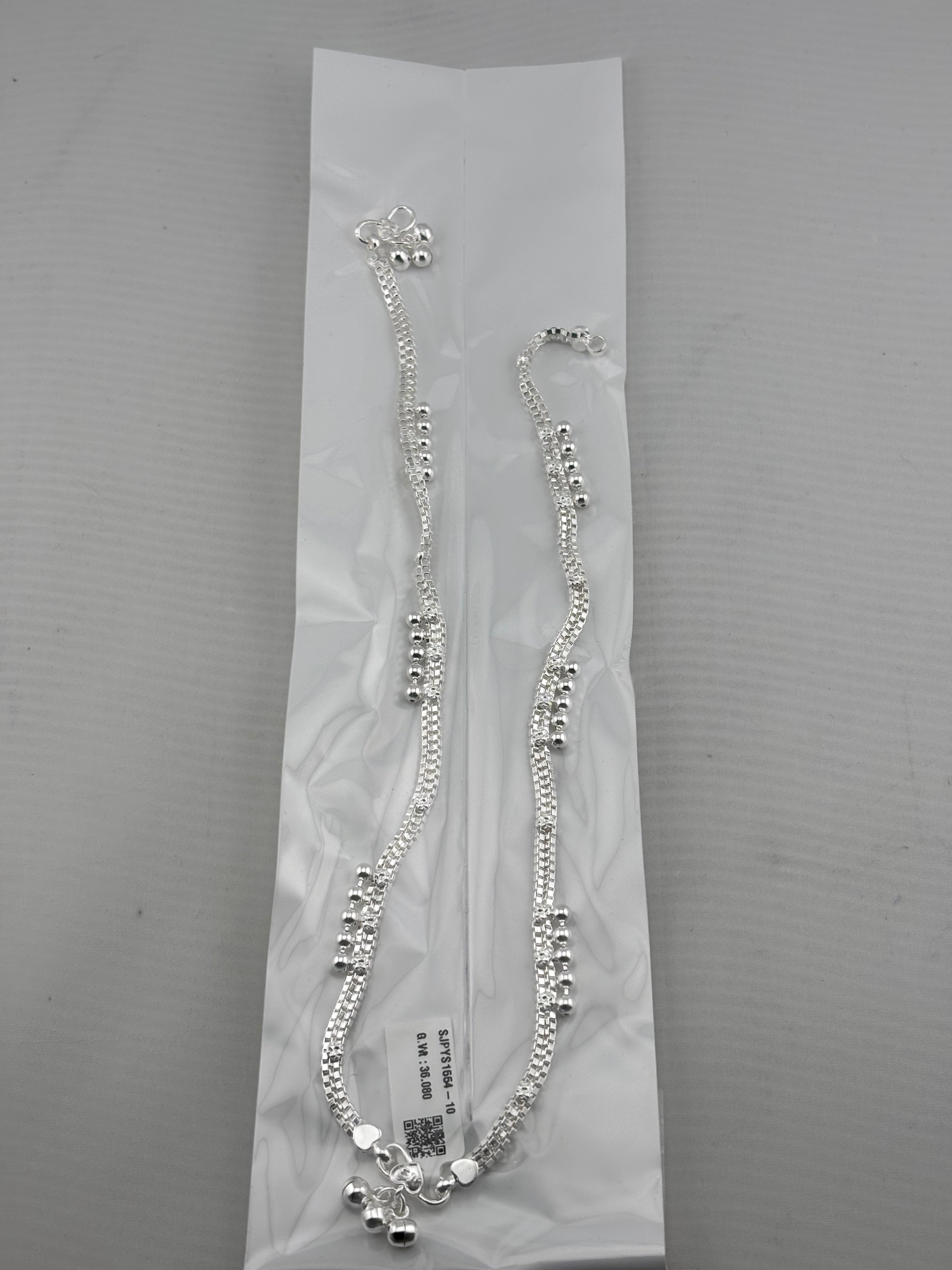 Dual Chain Wave Silver Anklet – 99.9% Pure Silver – Ghungroo Style – Adjustable – 36.80 g