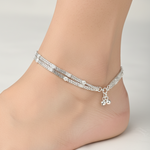 Grid Pattern Silver Anklet – 99.9% Pure Silver – Minimal Ghungroo Charm – Adjustable – 29.730g