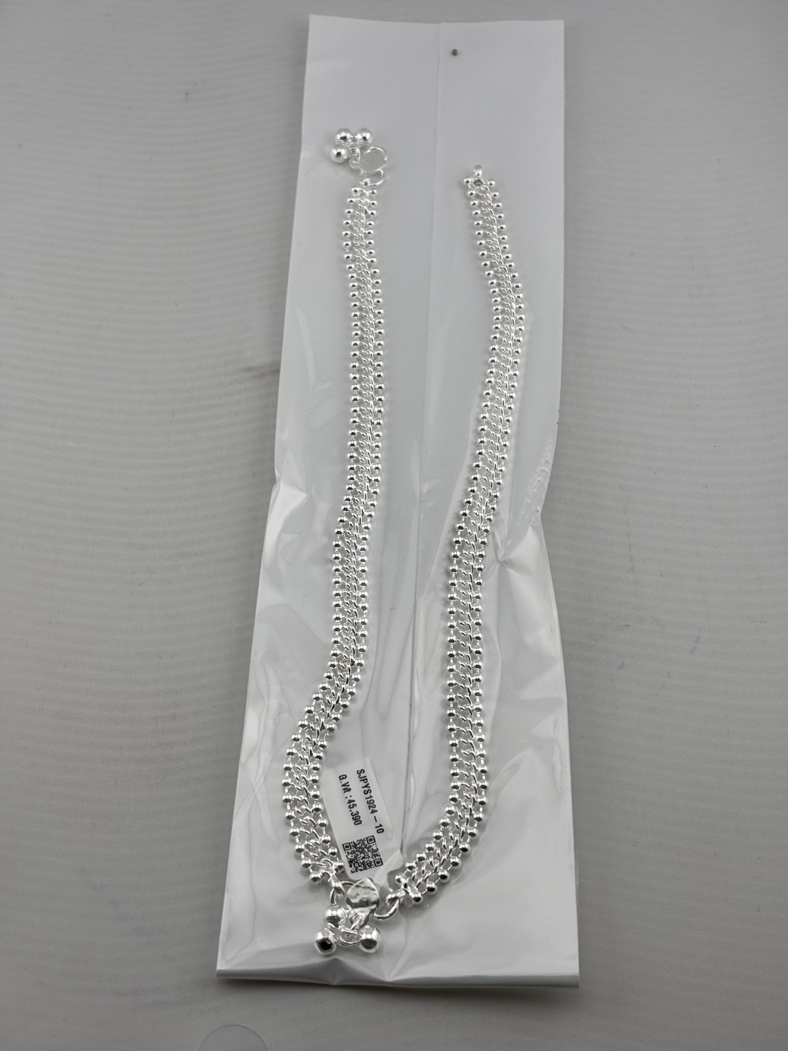 Multi Layer Silver Anklet – 99.9% Pure Silver – Beaded Chain Design – Adjustable – 36.50 g