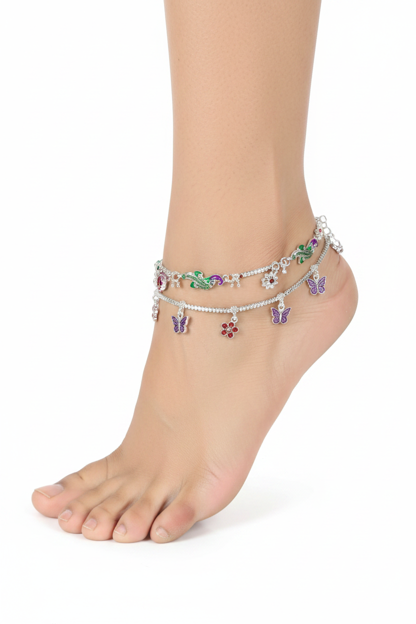Royal Peacock Charm Anklet – 925 Sterling Silver – Multicolor Enamel Work – Adjustable
