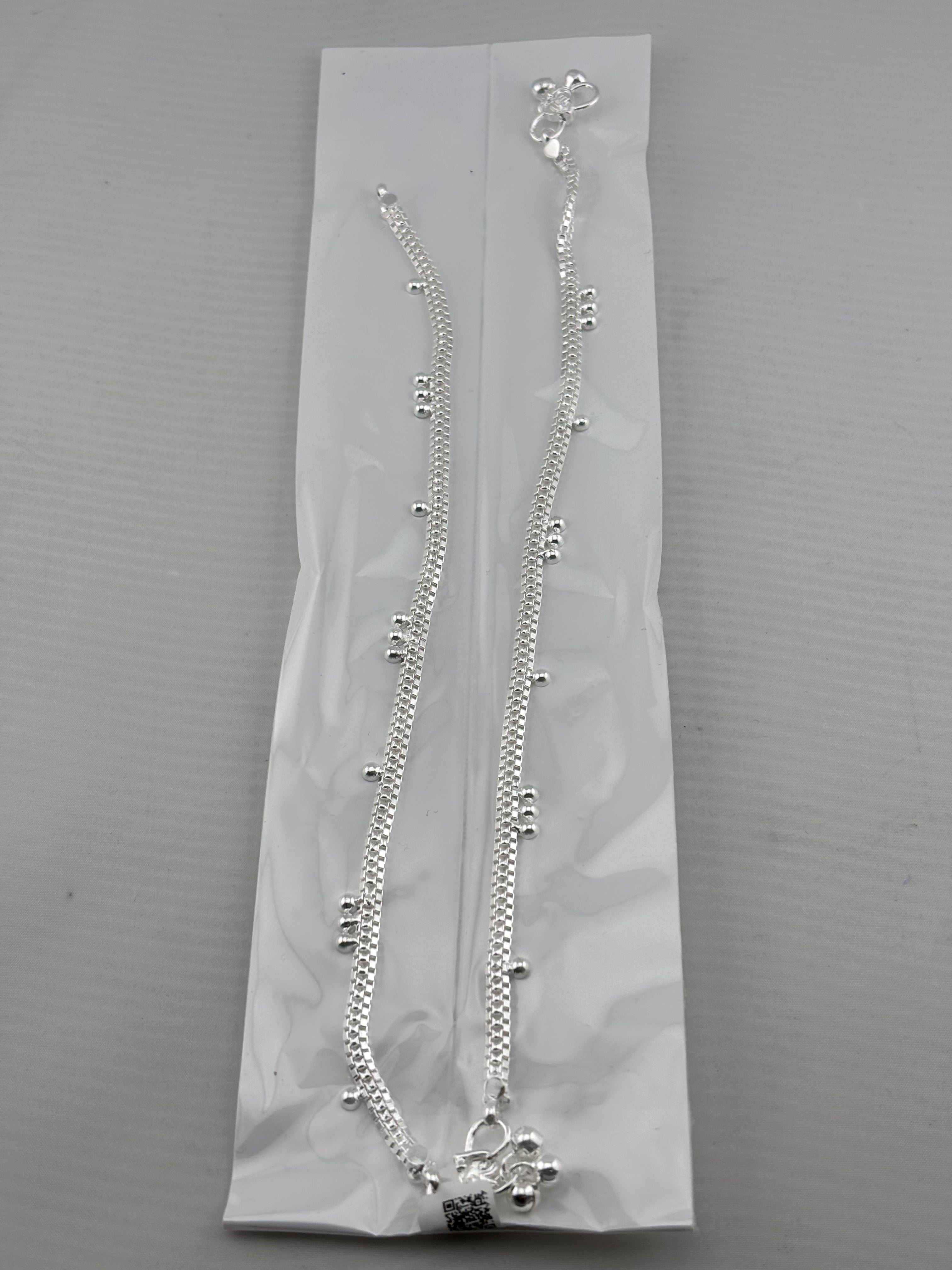 Beaded Line Silver Anklet – 925 Sterling Silver – Minimal Ghungroo Style – Adjustable – 30g