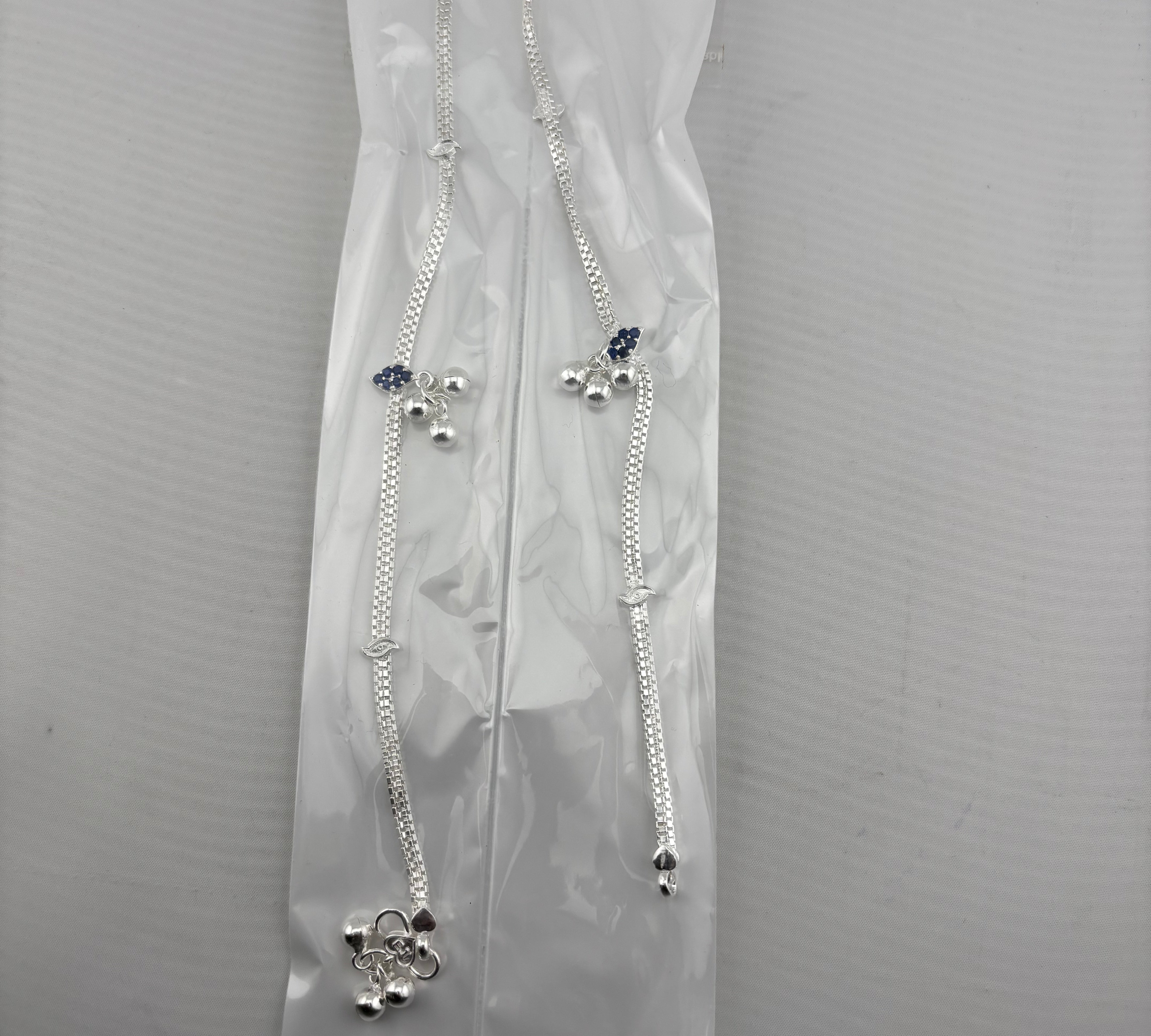 Blue Stone Silver Anklet – 925 Sterling Silver – Minimal Ghungroo & Stone Accent – Adjustable