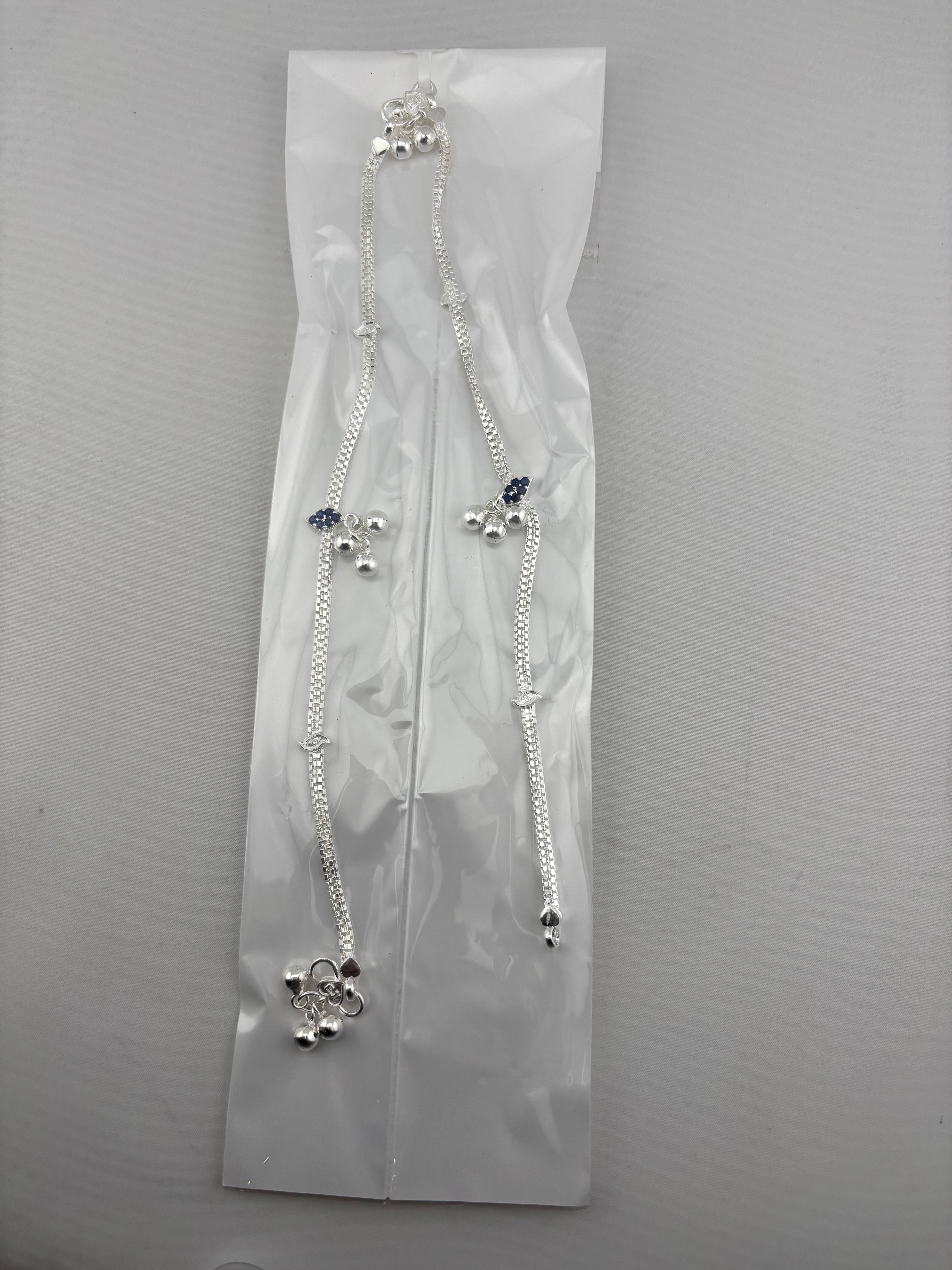 Blue Stone Silver Anklet – 925 Sterling Silver – Minimal Ghungroo & Stone Accent – Adjustable
