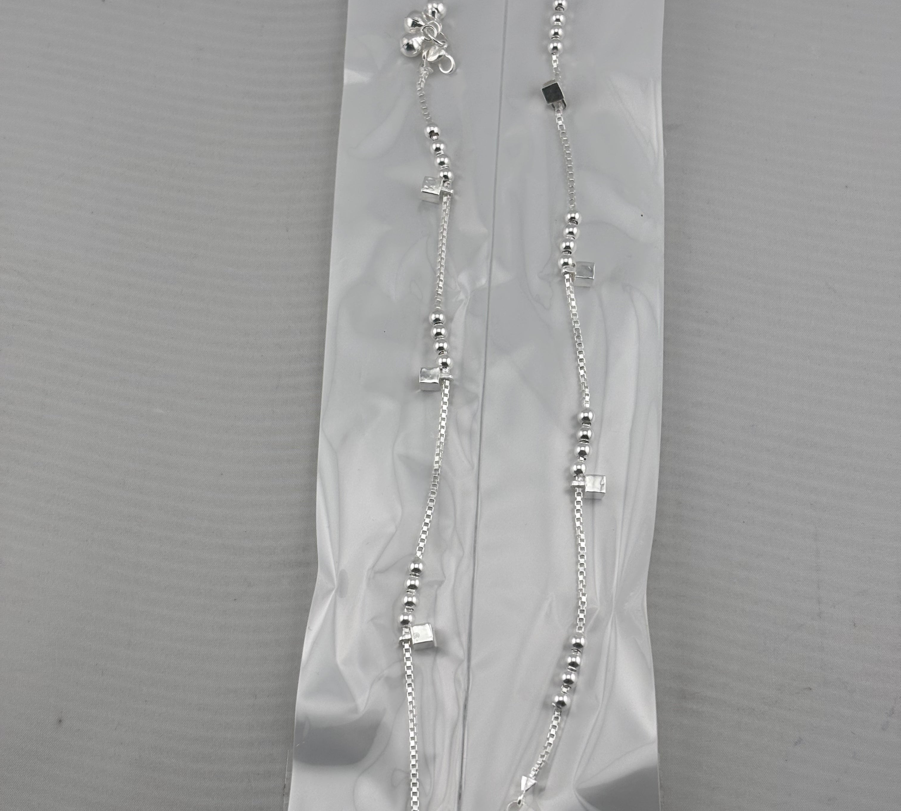 Geometric Bead Chain Anklet – 925 Sterling Silver – Adjustable – 17g
