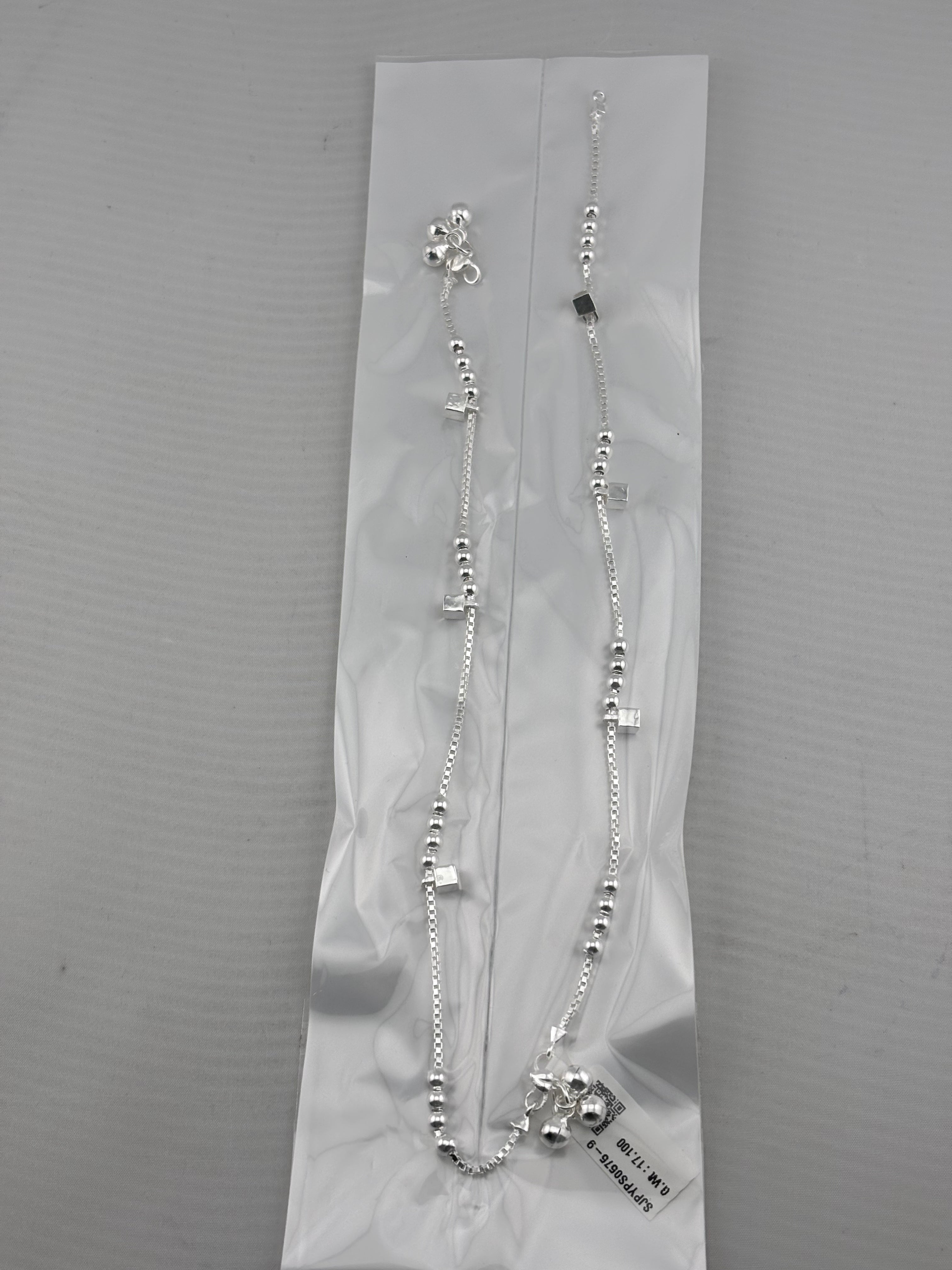 Geometric Bead Chain Anklet – 925 Sterling Silver – Adjustable – 17g