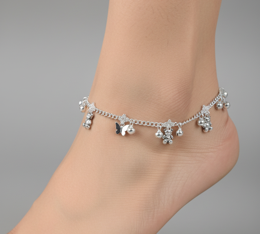 Floral Charm Chain Anklet – 925 Sterling Silver – Adjustable – 28g