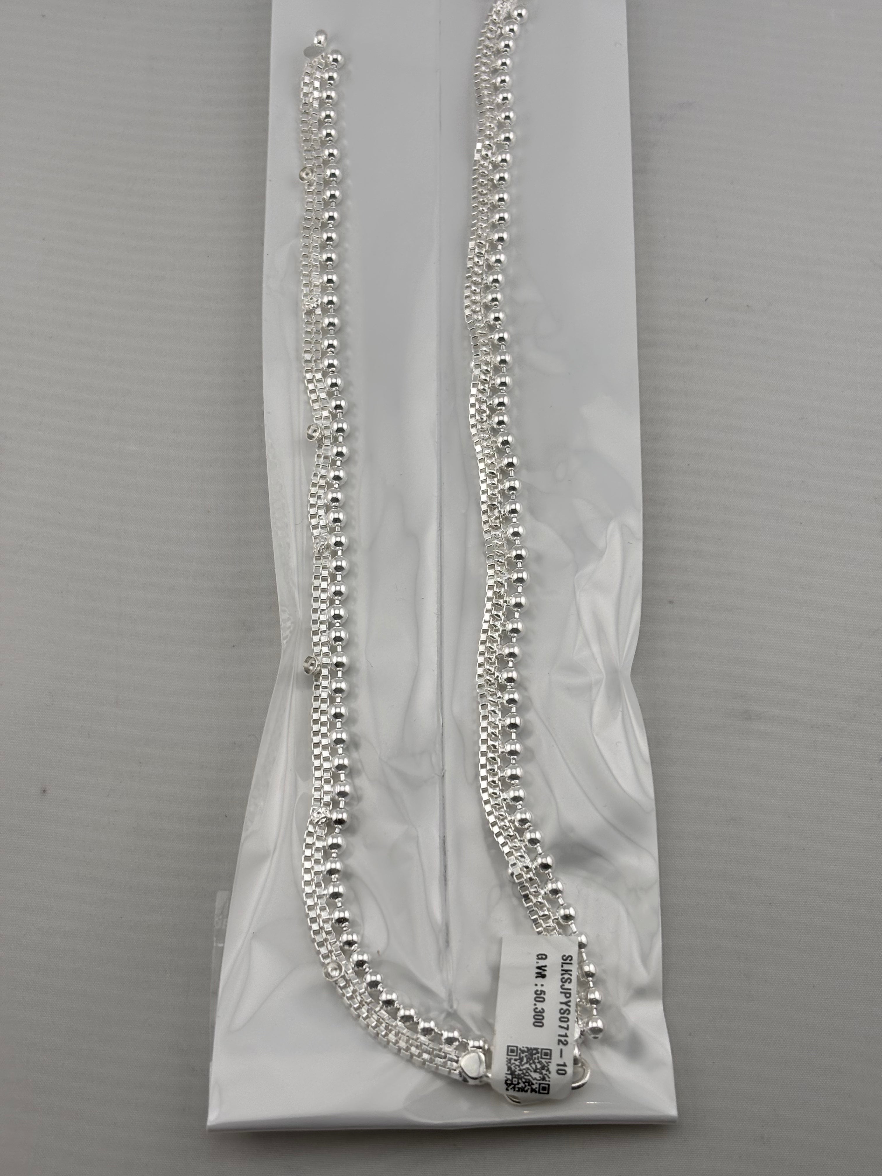 Beaded Double Chain Anklet – 925 Sterling Silver – Adjustable – 50g